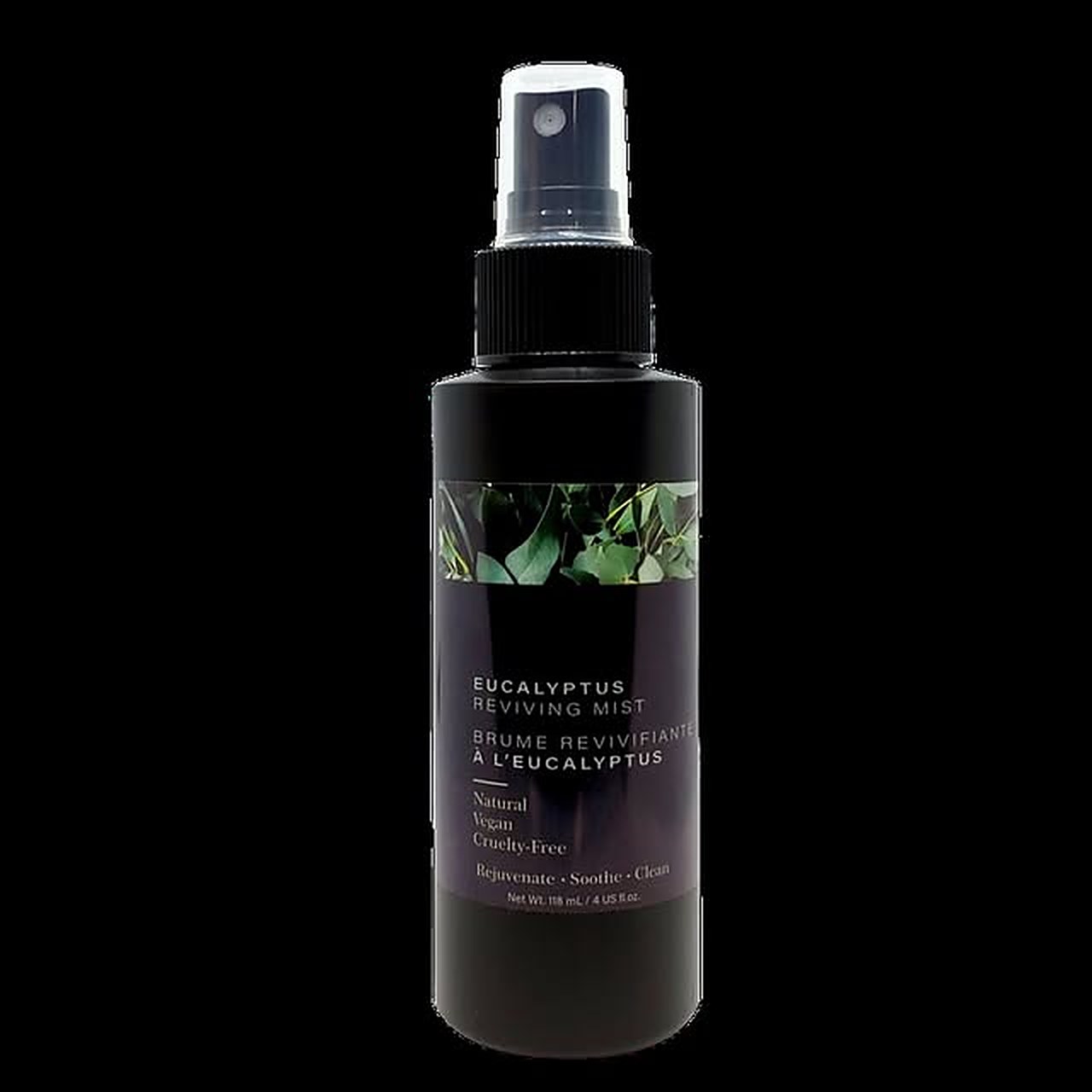 Dark glass bottle of Eucalyptus Reviving Mist with a botanical label on a black background