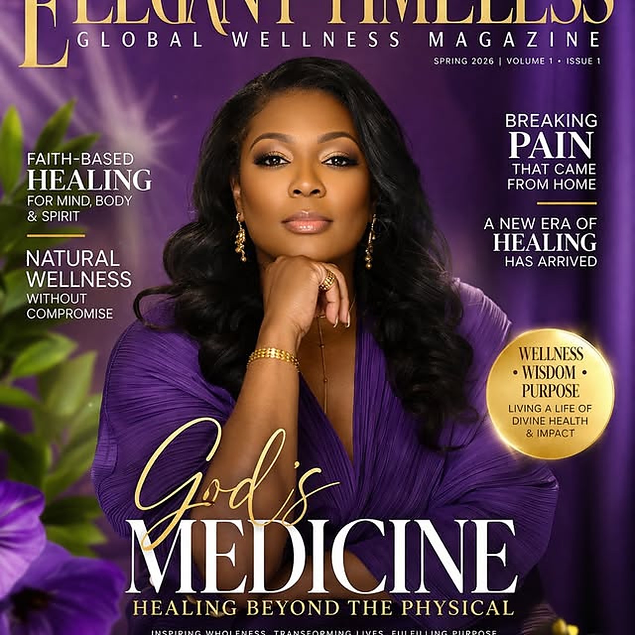 Mascheria Perdue on the cover of Elegant Timeless Global Wellness Magazine, seated in a purple blazer beside the headline God's Medicine